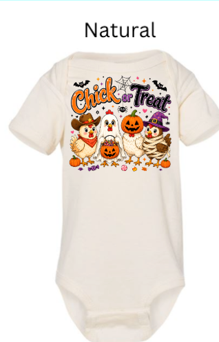 "Chick-a-Treat Halloween onesie in natural cream color with adorable chickens in costumes pumpkins candy corn bats for newborn infant baby Halloween outfit"