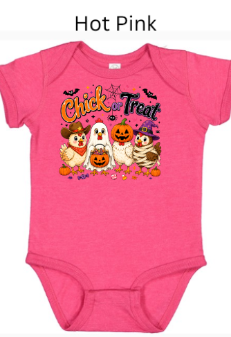 "Bright hot pink baby bodysuit featuring Chick-a-Treat Halloween design with cute costumed chickens jack-o'-lanterns candy and spooky decorations for infants"