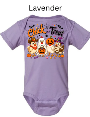 "Lavender purple infant onesie with Chick-a-Treat Halloween chicken graphic costume characters pumpkins bats and candy corn sweet fall baby clothing"