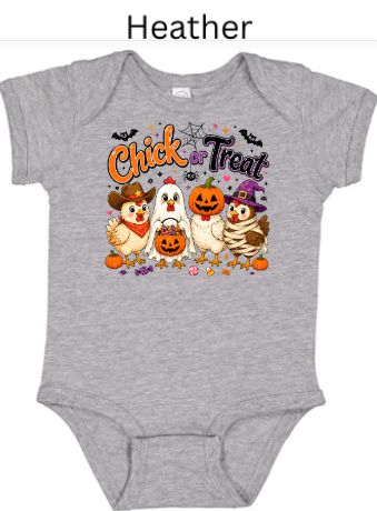"Grey heather baby bodysuit with Chick-a-Treat Halloween design whimsical chickens in cowboy ghost pumpkin mummy outfits pumpkins bats candy for infants"
