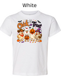 "Chick-a-Treat Halloween artwork on white crew neck t-shirt showing whimsical chickens dressed as ghost pumpkin mummy and cowboy with spiderwebs and candy corn"