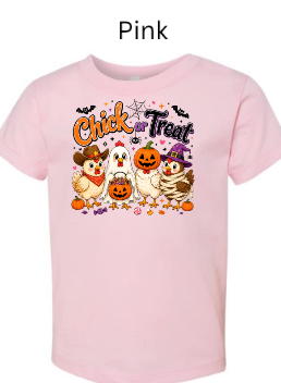 "Cute Chick-a-Treat Halloween design on pink women's t-shirt featuring funny chickens in Halloween costumes candy corn pumpkins and bats festive fall apparel"