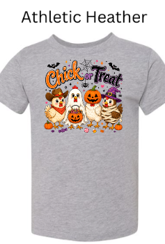 "Chick-a-Treat Halloween design on Athletic Heather gray t-shirt featuring cute chickens in cowboy ghost pumpkin and mummy costumes with pumpkins candy corn and bats 