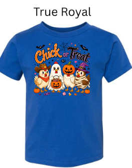"Chick-a-Treat Halloween graphic on royal blue t-shirt with adorable costumed chickens jack-o'-lanterns and fall decorations perfect for Halloween celebrations"