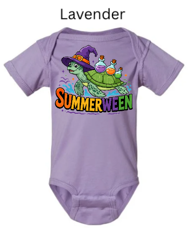 Lavender purple Rabbit Skins 4424 bodysuit with "SUMMERWEEN" sea turtle design. Green turtle wearing purple witch hat with colorful potion bottles. Soft purple baby Halloween onesie.