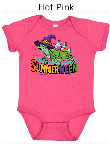 Hot pink Rabbit Skins 4424 bodysuit featuring "SUMMERWEEN" sea turtle witch hat design. Green turtle with potion bottles and rainbow text. Vibrant pink baby Halloween summer onesie.