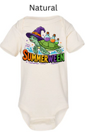 Natural cream Rabbit Skins 4424 bodysuit with "SUMMERWEEN" sea turtle design. Green turtle in purple witch hat with potion bottles and rainbow text. Off-white baby Halloween summer onesie.