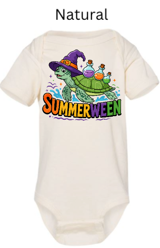 Natural cream Rabbit Skins 4424 bodysuit with "SUMMERWEEN" sea turtle design. Green turtle in purple witch hat with potion bottles and rainbow text. Off-white baby Halloween summer onesie.