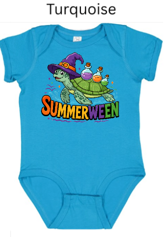 urquoise Rabbit Skins 4424 bodysuit featuring "SUMMERWEEN" sea turtle witch hat design. Green turtle with potion bottles and rainbow text. Bright teal baby Halloween summer onesie.