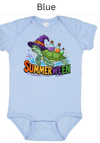 Light blue Rabbit Skins 4424 bodysuit with "SUMMERWEEN" sea turtle design. Green turtle wearing purple witch hat with colorful potion bottles. Baby blue Halloween summer onesie.
