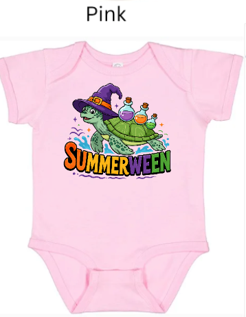 Pink Rabbit Skins 4424 bodysuit featuring "SUMMERWEEN" sea turtle witch hat design. Green turtle with potion bottles and rainbow "SUMMERWEEN" text. Soft pink baby Halloween onesie.