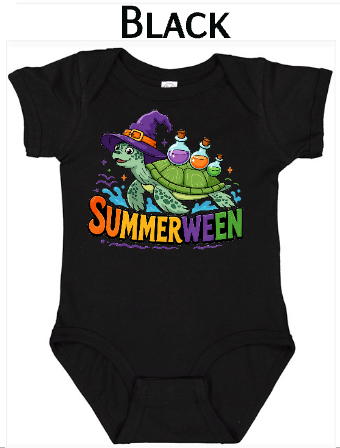 Black Rabbit Skins 4424 bodysuit with "SUMMERWEEN" sea turtle design. Green turtle in purple witch hat carrying colorful potion bottles. Rainbow text on black baby Halloween onesie.