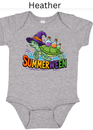 Heather gray Rabbit Skins 4424 bodysuit featuring "SUMMERWEEN" sea turtle witch hat design. Green turtle with potion bottles and rainbow text. Neutral baby Halloween summer onesie.