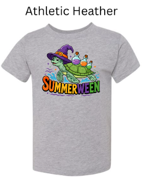 Athletic Heather Bella+Canvas 3001T toddler tee with "SUMMERWEEN" sea turtle witch hat design. Green turtle with potion bottles and rainbow text. Light gray kids Halloween summer shirt.