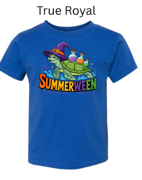True Royal blue Bella+Canvas 3001T toddler tee featuring "SUMMERWEEN" sea turtle design. Green turtle in purple witch hat carrying colorful potion bottles. Rainbow text on royal blue. Bold kids Halloween summer tee.