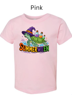 Pink Bella+Canvas 3001T toddler tee with "SUMMERWEEN" sea turtle witch hat design. Green turtle with potion bottles and rainbow "SUMMERWEEN" text. Soft pink kids Halloween summer shirt.