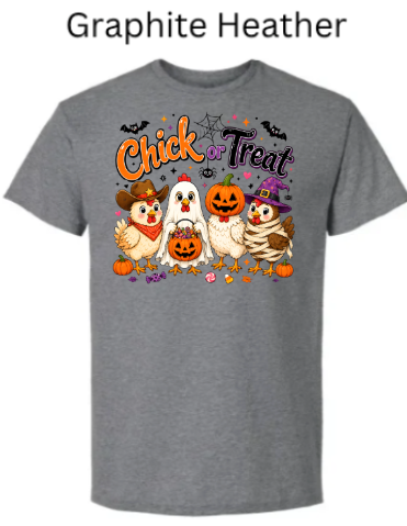 Dark graphite heather grey Halloween t-shirt featuring vibrant "Chick or Treat" graphic with five funny cartoon chickens in costumes plus festive decorations on charcoal grey textured fabric