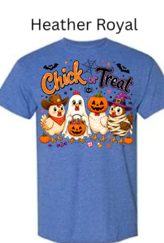 Rich heather royal blue t-shirt with adorable Chick or Treat Halloween design showcasing five costumed cartoon farm chickens surrounded by bats, pumpkins, spiderwebs and candy on deep blue heather fabric