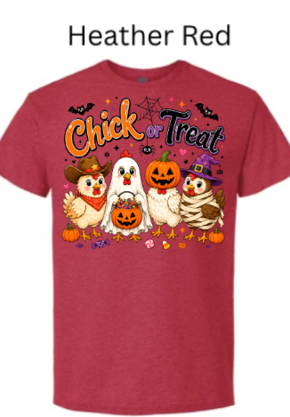 Chick or Treat Halloween t-shirt in heather red featuring five costumed cartoon chickens (cowboy, ghost, pumpkin, mummy) with bats, pumpkins, and candy on soft red heather fabric background