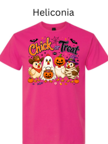 Hot pink heliconia t-shirt with cute Chick or Treat Halloween design displaying five adorable chickens in costumes (cowboy hat, ghost sheet, pumpkin carve, witch hat, mummy wrap) with festive decorations