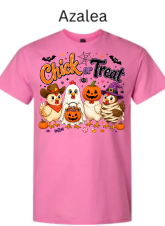 Pink azalea colored Halloween shirt with charming Chick or Treat design showing five costumed chickens ready for trick or treating surrounded by bats, pumpkins, spiderwebs and candy on pastel pink fabric