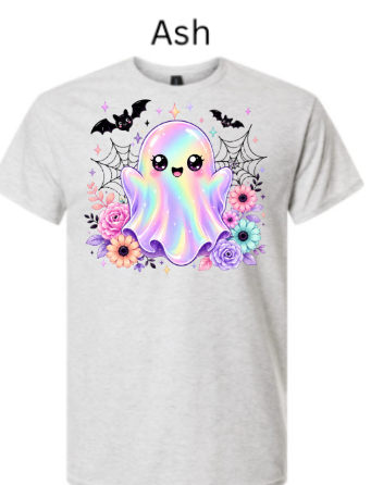 "Light ash gray t-shirt showcasing cute kawaii ghost with rainbow shimmer effect, spiderweb details, bat silhouettes, and colorful bouquet - adorable Halloween tee on neutral light gray background"