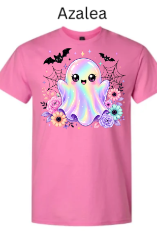 Kawaii Halloween Ghost T-Shirt | Cute Iridescent Rainbow Ghost with Bats & Flowers | Pastel Goth Spooky Tee