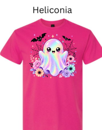 Kawaii Halloween Ghost T-Shirt | Cute Iridescent Rainbow Ghost with Bats & Flowers | Pastel Goth Spooky Tee