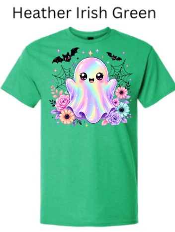 Kawaii Halloween Ghost T-Shirt | Cute Iridescent Rainbow Ghost with Bats & Flowers | Pastel Goth Spooky Tee (Copy)