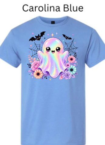 "Light Carolina blue t-shirt displaying adorable holographic rainbow ghost character surrounded by flying bats, delicate spiderwebs, and pastel flowers - whimsical kawaii Halloween design on soft blue fabric"