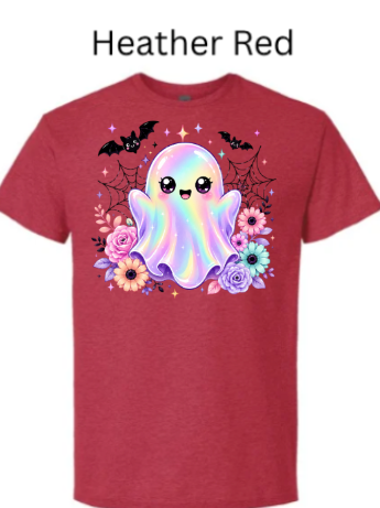Kawaii Halloween Ghost T-Shirt | Cute Iridescent Rainbow Ghost with Bats & Flowers | Pastel Goth Spooky Tee
