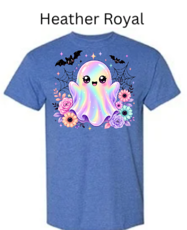 Kawaii Halloween Ghost T-Shirt | Cute Iridescent Rainbow Ghost with Bats & Flowers | Pastel Goth Spooky Tee