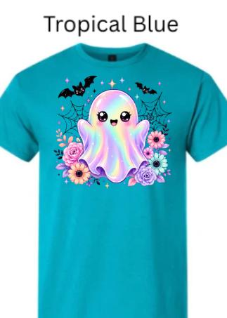 Kawaii Halloween Ghost T-Shirt | Cute Iridescent Rainbow Ghost with Bats & Flowers | Pastel Goth Spooky Tee