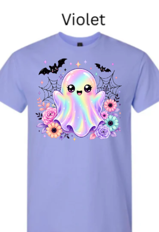 Kawaii Halloween Ghost T-Shirt | Cute Iridescent Rainbow Ghost with Bats & Flowers | Pastel Goth Spooky Tee