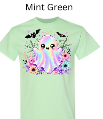 "Mint green crew neck t-shirt with charming iridescent ghost, two black bats, decorative webs, and vibrant flower arrangement - sweet spooky Halloween apparel in fresh mint shade"