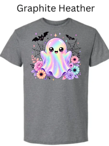 "Heather gray t-shirt featuring cute iridescent rainbow kawaii ghost with sparkling eyes, black bats, spiderwebs, and colorful floral accents - playful Halloween graphic tee for