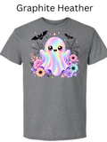 "Heather gray t-shirt featuring cute iridescent rainbow kawaii ghost with sparkling eyes, black bats, spiderwebs, and colorful floral accents - playful Halloween graphic tee for