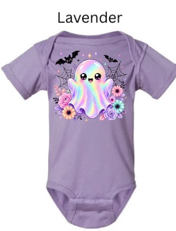 Cute Kawaii Ghost Baby Onesie | Rainbow Halloween Bodysuit with Flowers & Bats | Infant Toddler Shirt | Spooky Autumn Graphic Tee