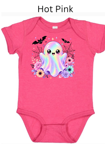 Cute Kawaii Ghost Baby Onesie | Rainbow Halloween Bodysuit with Flowers & Bats | Infant Toddler Shirt | Spooky Autumn Graphic Tee