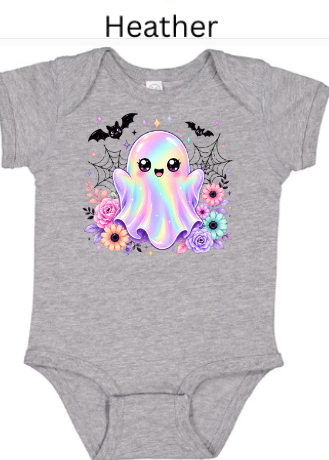 Cute Kawaii Ghost Baby Onesie | Rainbow Halloween Bodysuit with Flowers & Bats | Infant Toddler Shirt | Spooky Autumn Graphic Tee