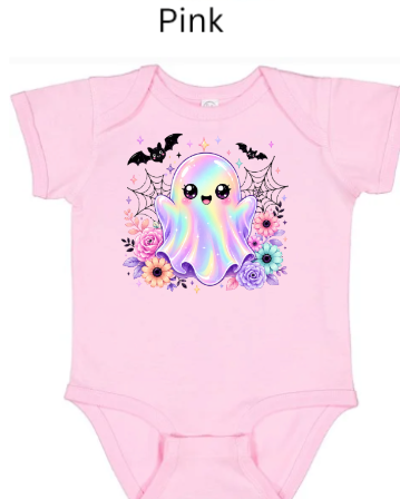 Cute Kawaii Ghost Baby Onesie | Rainbow Halloween Bodysuit with Flowers & Bats | Infant Toddler Shirt | Spooky Autumn Graphic Tee