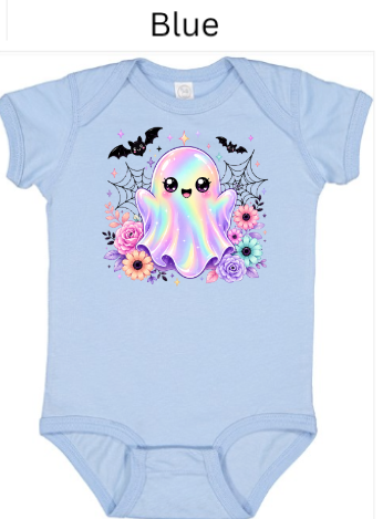 Cute Kawaii Ghost Baby Onesie | Rainbow Halloween Bodysuit with Flowers & Bats | Infant Toddler Shirt | Spooky Autumn Graphic Tee