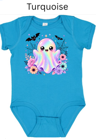 Cute Kawaii Ghost Baby Onesie | Rainbow Halloween Bodysuit with Flowers & Bats | Infant Toddler Shirt | Spooky Autumn Graphic Tee