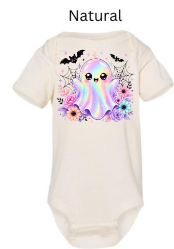 Cute Kawaii Ghost Baby Onesie | Rainbow Halloween Bodysuit with Flowers & Bats | Infant Toddler Shirt | Spooky Autumn Graphic Tee