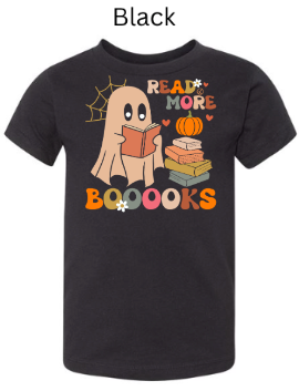 Read More Boobooks Halloween t-shirt black featuring cute ghost reading book pumpkin stack colorful text spiderweb fall graphic tee