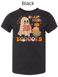 Read More Boobooks Halloween t-shirt black featuring cute ghost reading book pumpkin stack colorful text spiderweb fall graphic tee