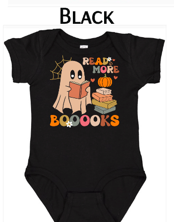 Read More Booooks baby onesie black with ghost reading book pumpkin halloween design multicolor text spiderweb infant bodysuit fall outfit