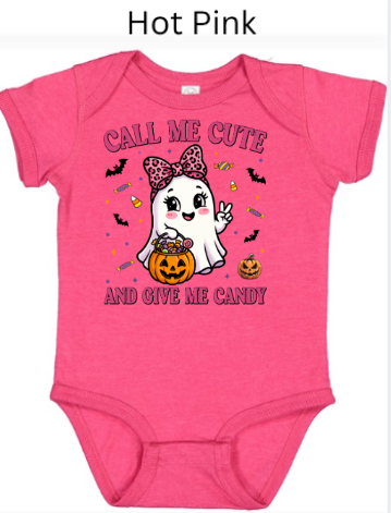 Hot pink baby onesie Call Me Cute Give Me Candy Halloween ghost bow candy bucket pumpkin bats vibrant fall infant bodysuit