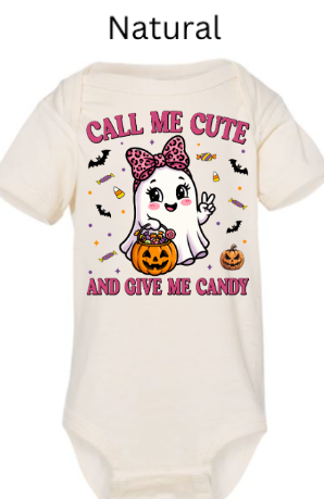 Natural cream baby onesie Call Me Cute Halloween ghost pink bow jack-o-lantern candy bucket bats candy corn neutral infant outfit
