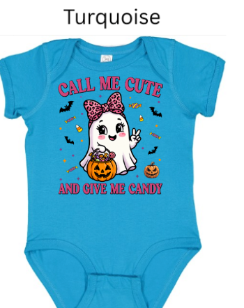 Turquoise Call Me Cute ghost onesie Halloween design pink bow bow candy bucket pumpkin bats candy corn vibrant infant fall outfit